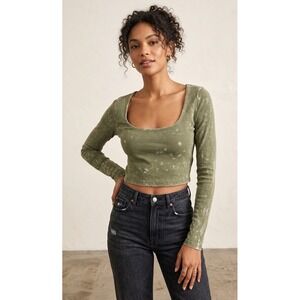 Forever 21 Crop Top Women's M Olive Green Mineral Wash Ribbed Long Sleeve Shirt